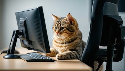 Illustration of a sharp cat sitting at a computer, symbolizing IT expertise and agility.